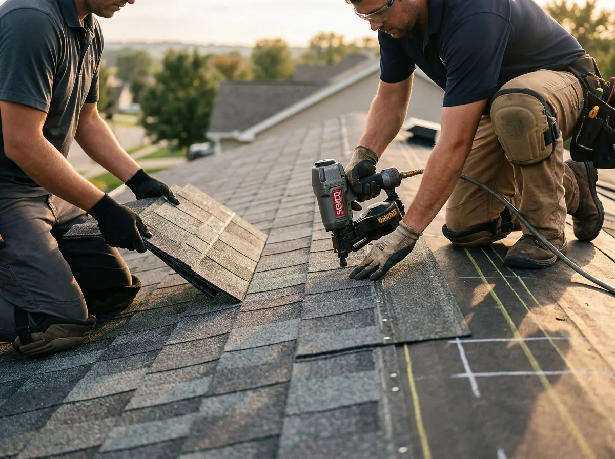 Professional roofer working on a residential roof in Wildewood